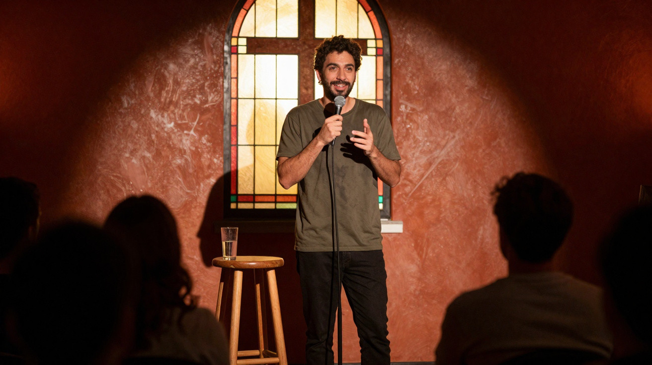 Comediante de pé com microfone a fazer stand-up num palco iluminado, com público na frente.