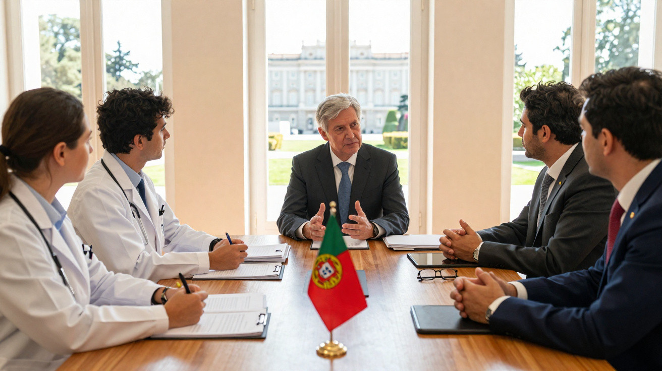 Reunião entre profissionais de saúde e políticos à volta de mesa com bandeira de Portugal ao centro.