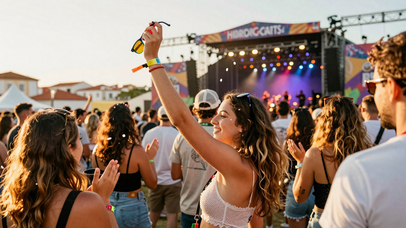 Pessoas a desfrutar de um concerto ao ar livre ao entardecer com palco iluminado e público animado.