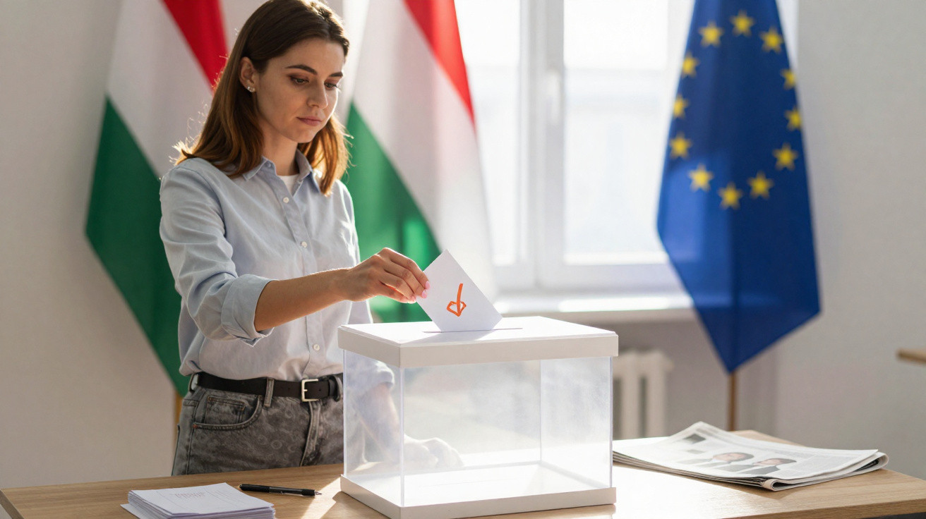 Mulher a votar numa urna transparente com bandeiras da Hungria e União Europeia ao fundo.