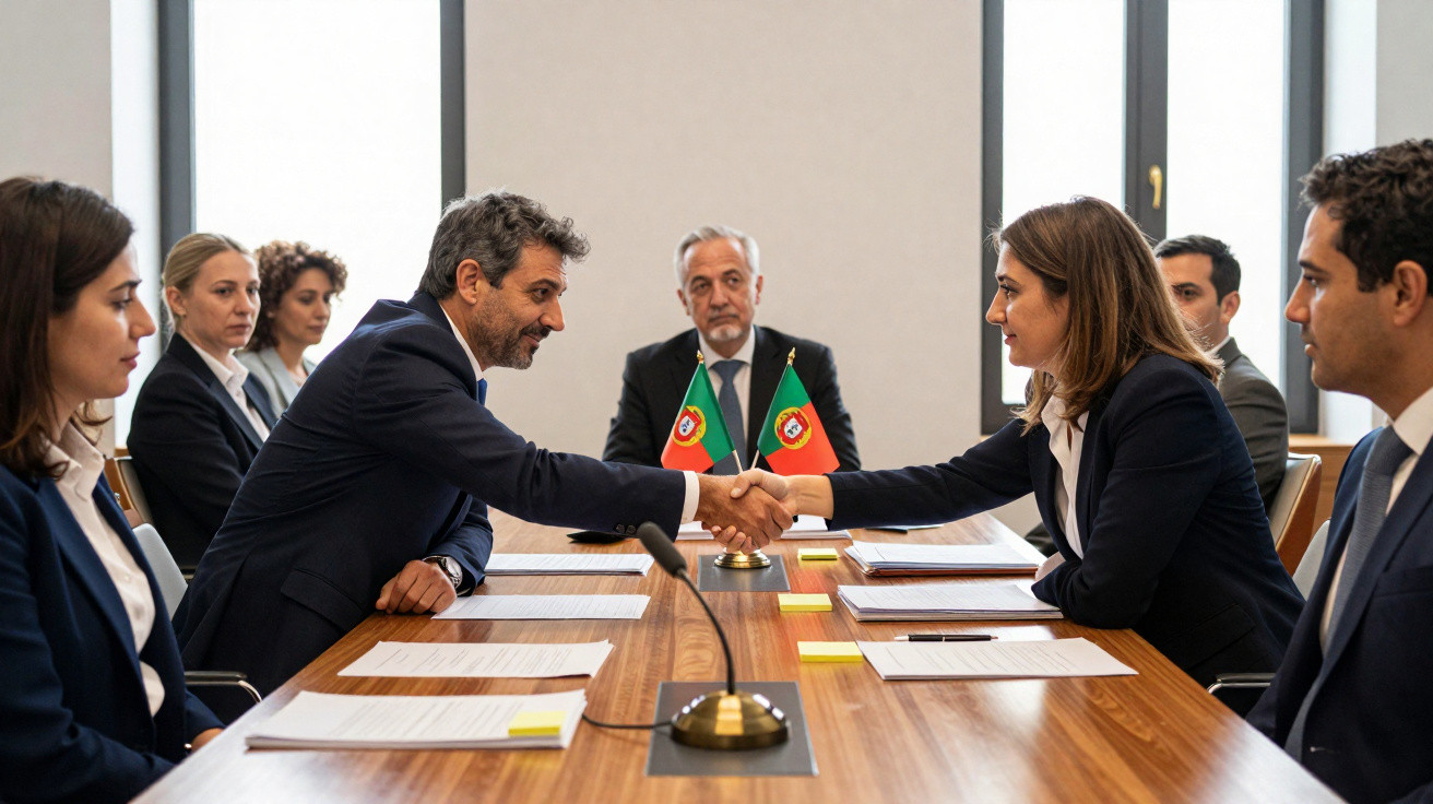 Pessoas de negócios em reunião formal a cumprimentarem-se com aperto de mão numa sala com bandeiras de Portugal.