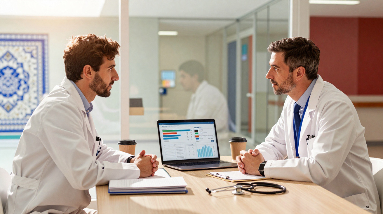 Dois médicos em bata branca sentados à mesa a discutir dados num laptop num consultório moderno.