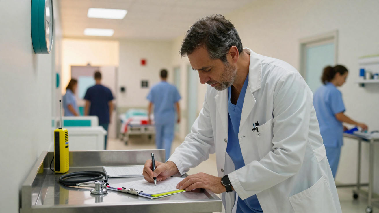 Médico a escrever numa prancheta num corredor de hospital, com profissionais de saúde ao fundo.