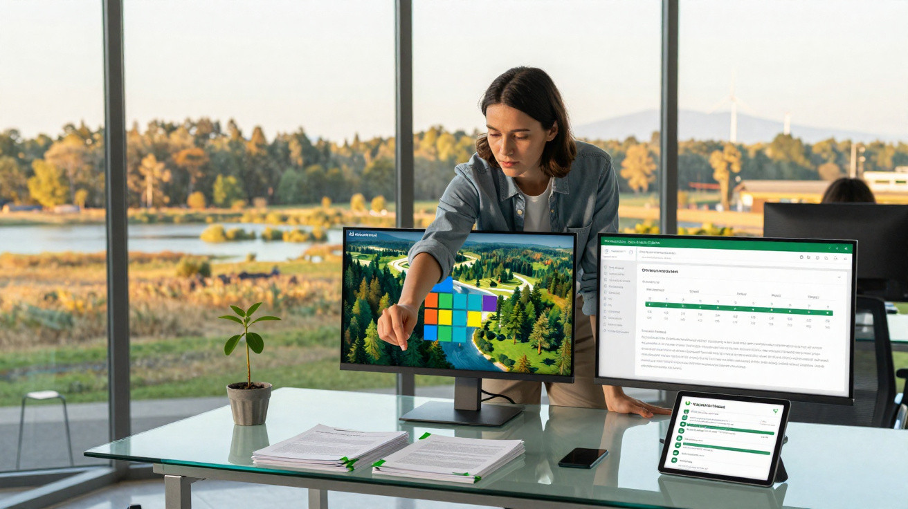 Mulher numa mesa com dois ecrãs de computador e um tablet, numa sala com vista para a natureza.