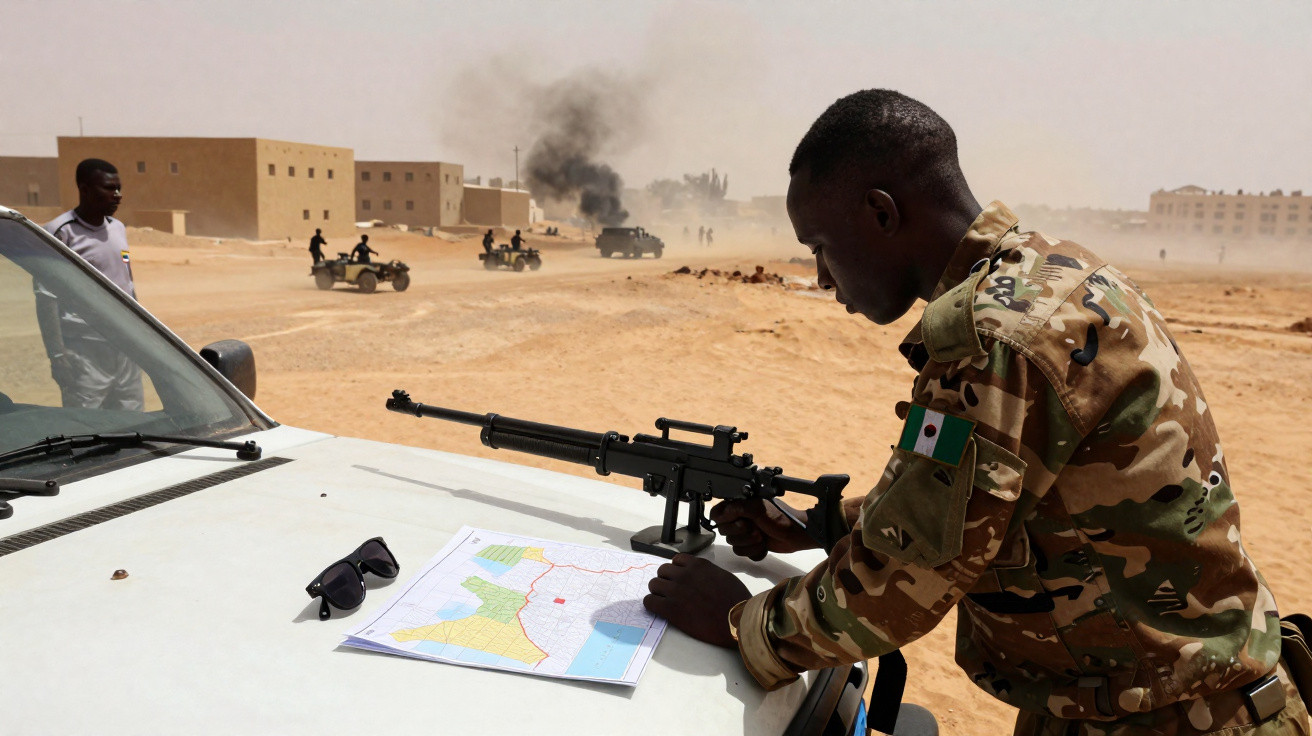 Soldado com uniforme camuflado e bandeira na manga, segurando uma arma junto a um carro, com mapa e fumo ao fundo no deserto.