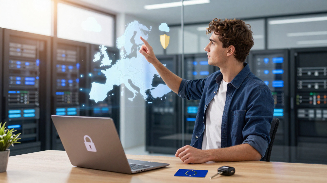Jovem a interagir com mapa digital da Europa numa sala de servidores, computador com símbolo de cadeado.