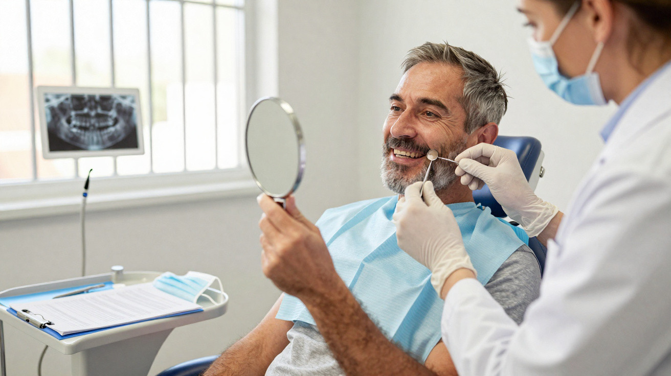 Homem sorridente numa consulta dentária, a olhar-se ao espelho enquanto dentista examina os seus dentes.