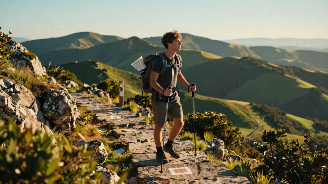 Homem com mochila e bastões de caminhada numa trilha rochosa contemplando montanhas verdes ao fundo.