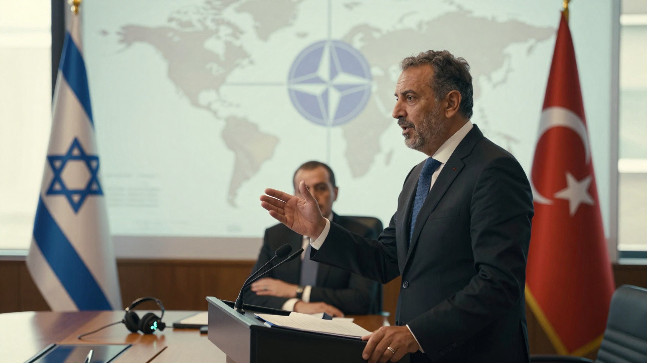 Homem em fato a discursar numa conferência com bandeiras de Israel e Turquia e símbolo da NATO ao fundo.
