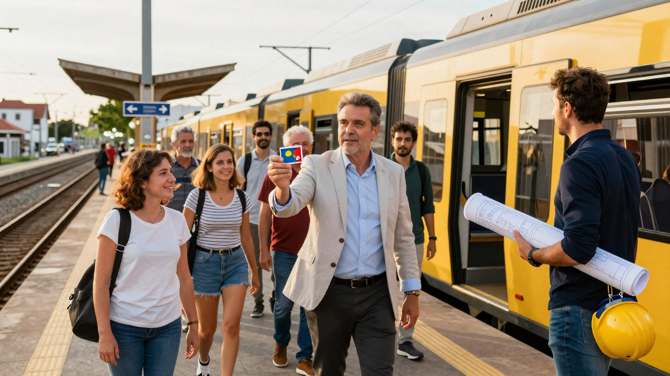 Homem mostra cartão a trabalhador na estação de comboios com grupo de pessoas ao fundo e comboio amarelo estacionado.