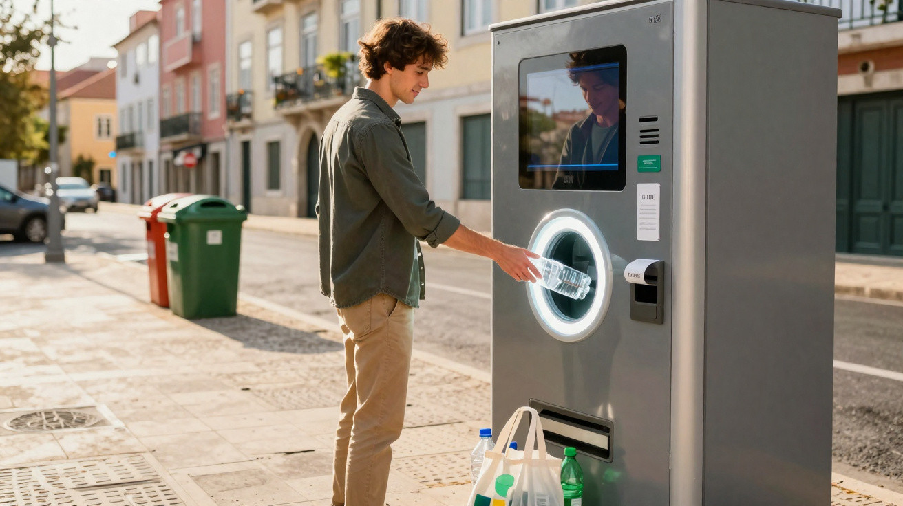 Homem a inserir garrafa de plástico numa máquina de reciclagem automática numa rua da cidade.