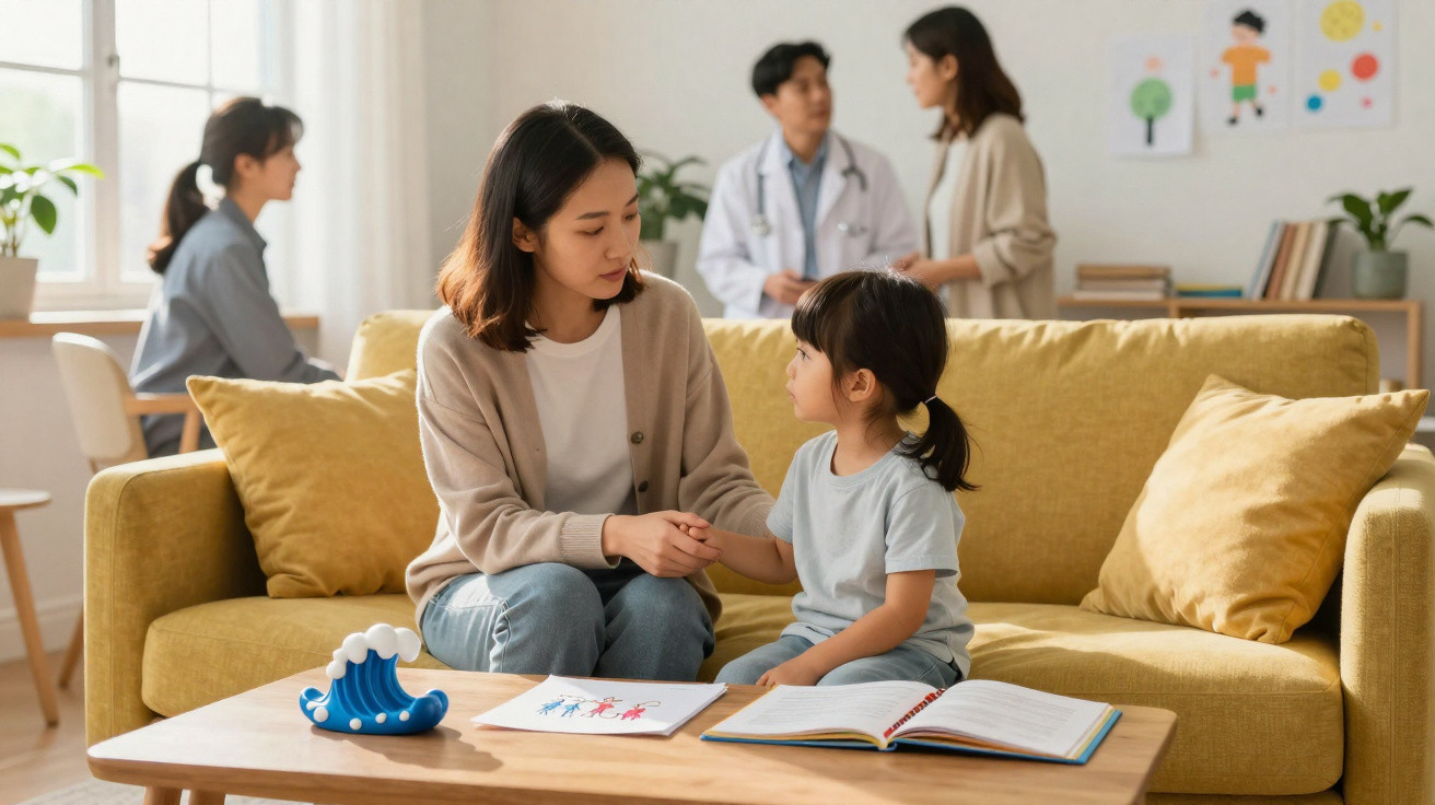 Mãe sentada no sofá a conversar e apoiar a filha enquanto consulta médica decorre ao fundo.