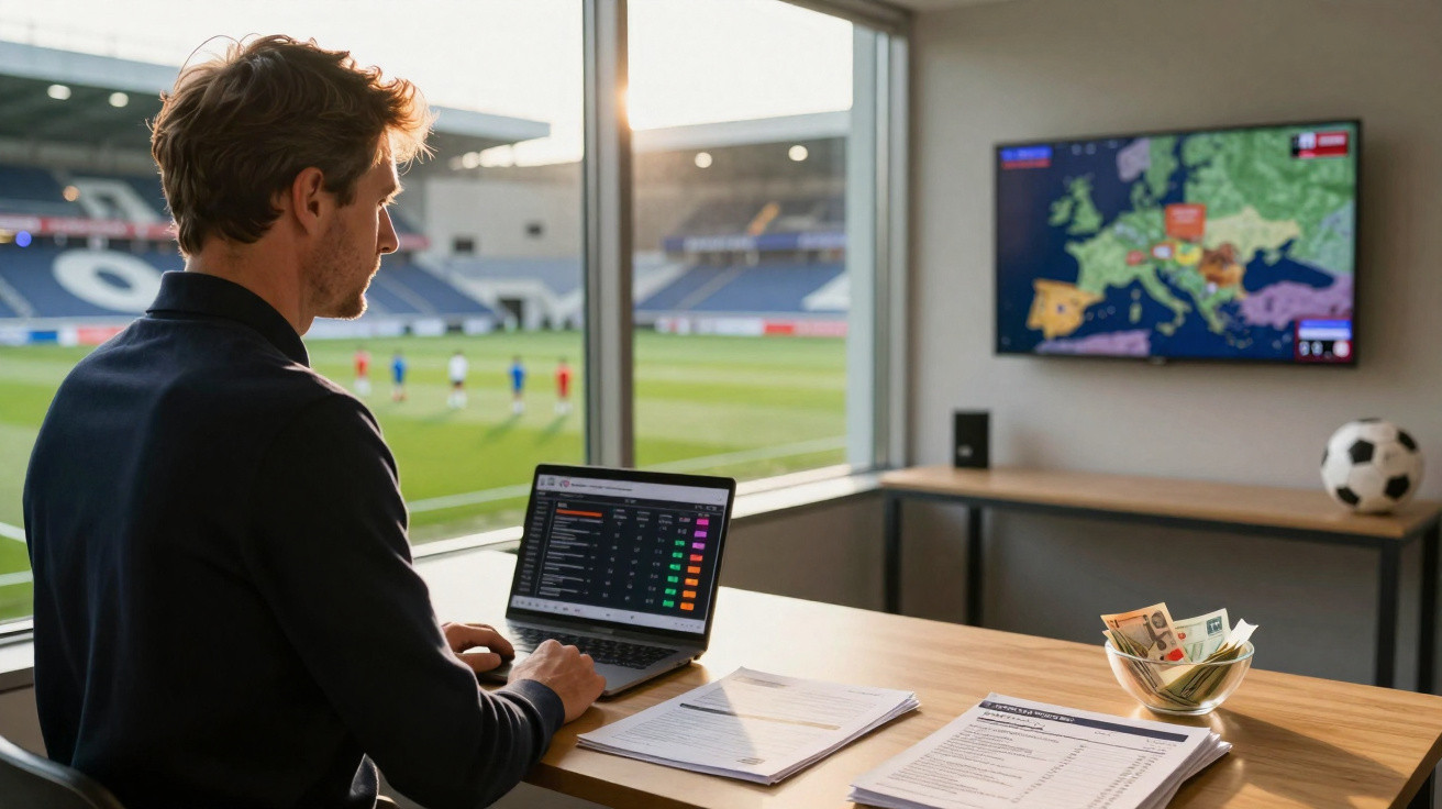 Homem a apostar online em jogo de futebol, com estádio ao fundo e notas de dinheiro numa taça.