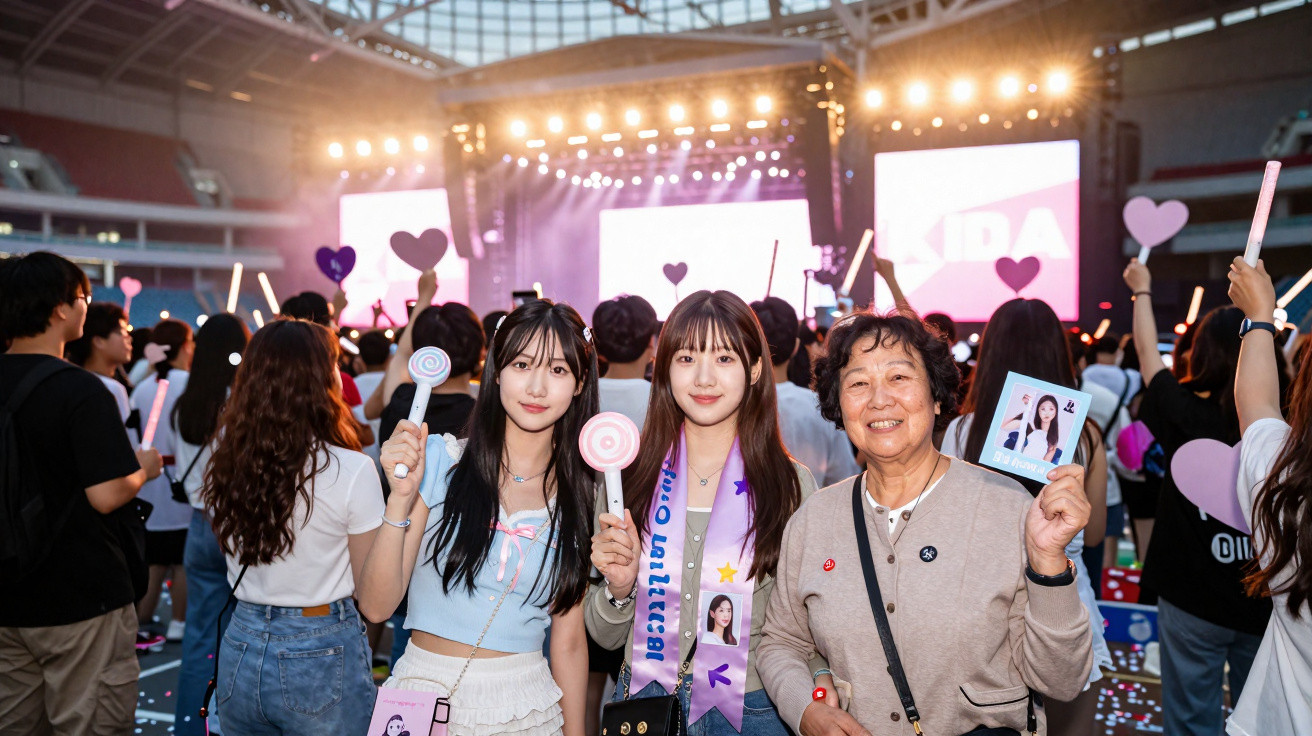 Três mulheres jovens e idosa numa multidão num concerto, segurando cartazes e luzes LED em estádio iluminado.