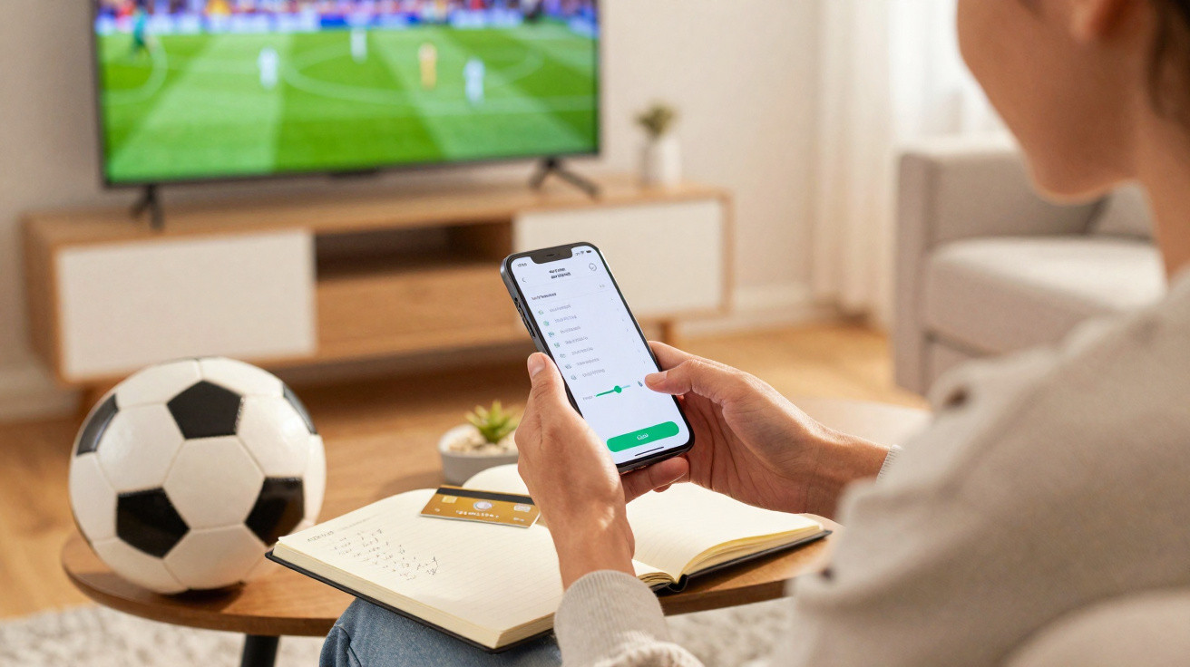 Pessoa a usar telemóvel com aplicação aberta, bola de futebol na mesa, caderno e televisão ligada com jogo de futebol.