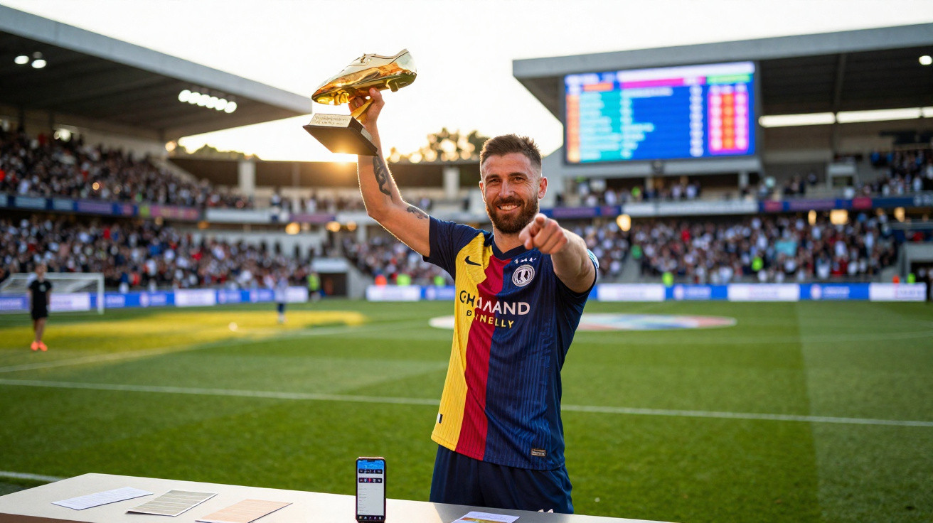 Jogador de futebol levanta troféu Bola de Ouro num estádio com público ao fundo.