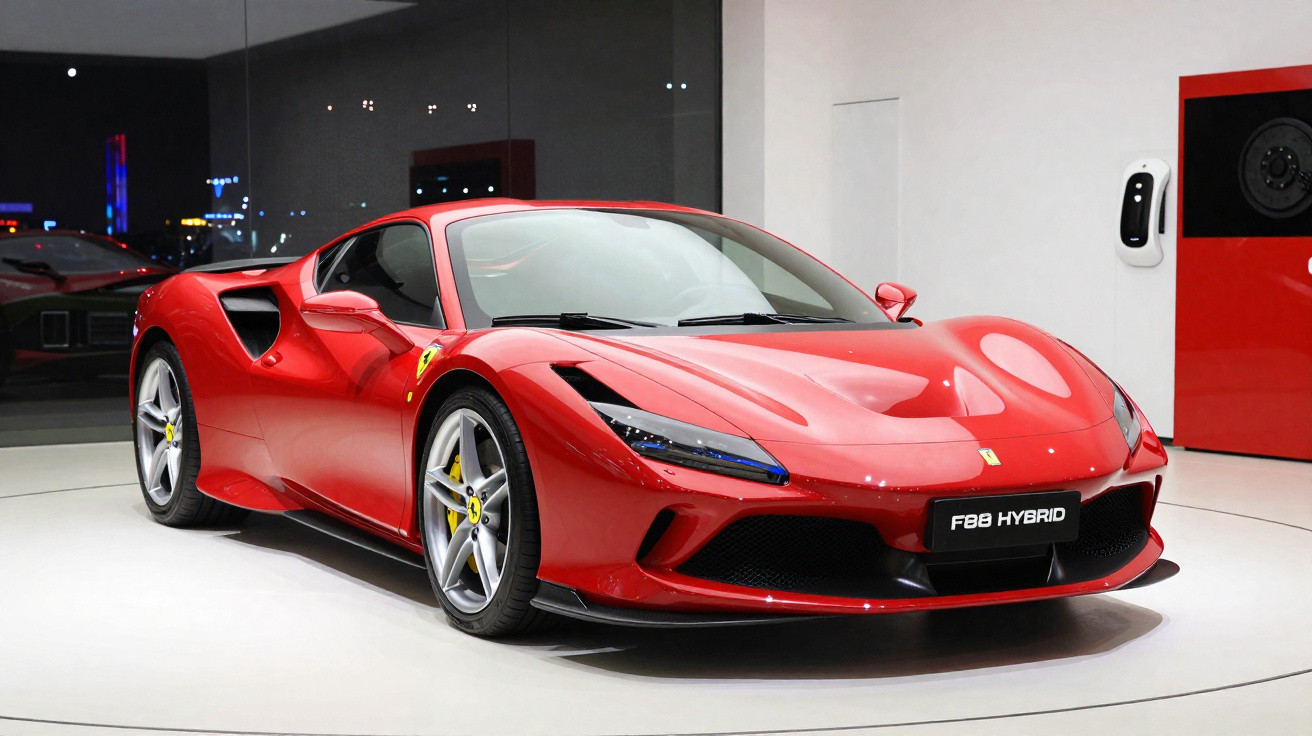 Carro desportivo vermelho Ferrari F8 Hybrid exposto em showroom com piso branco e retrovisor lateral vermelho.
