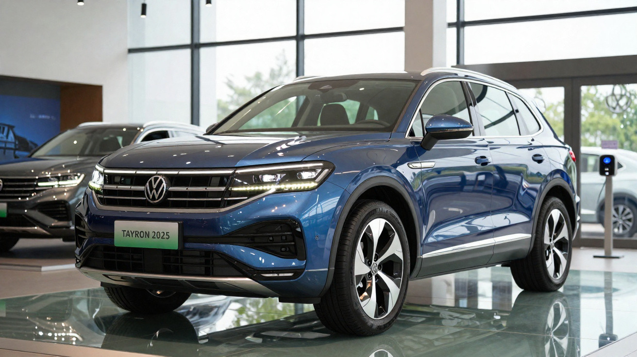 Volkswagen Tayron 2025 azul exposto numa sala de exposição moderna com grandes janelas.