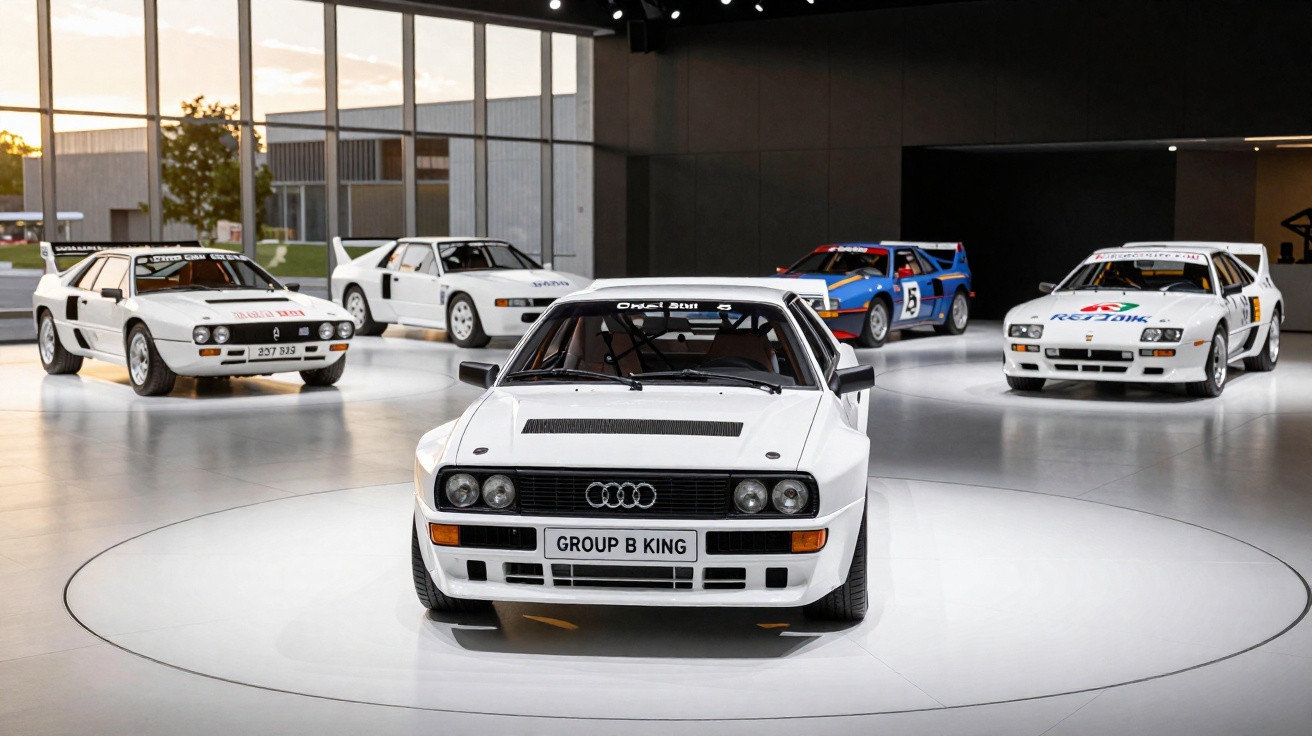 Cinco carros de rali clássicos Group B em exposição num espaço moderno e iluminado.