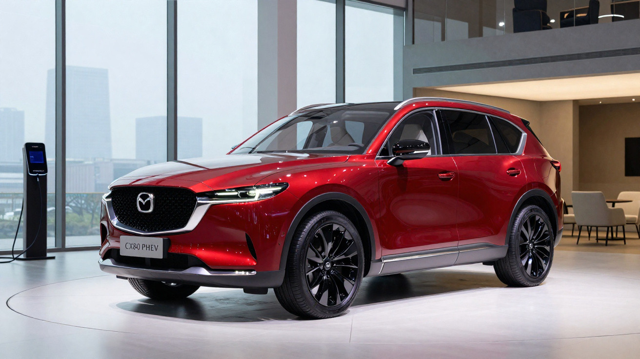 Carro SUV vermelho Mazda CX-60 PHEV estacionado numa exposição interior moderna.