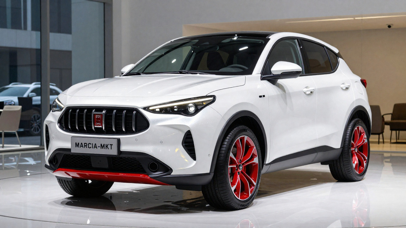 Carro SUV branco com detalhes vermelhos nas rodas e para-choques exposto numa sala moderna.