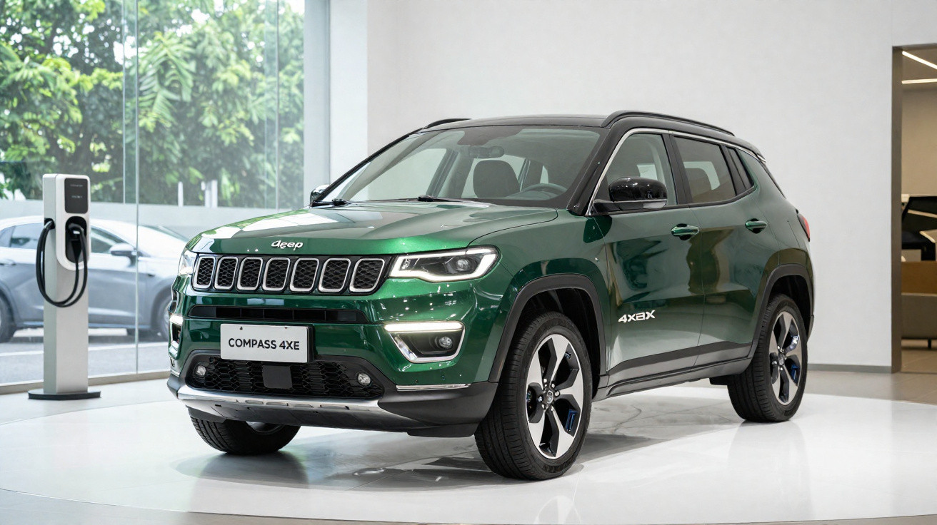 Carro SUV Jeep Compass 4XE verde, em exposição interior com parede branca e carregador elétrico ao lado.