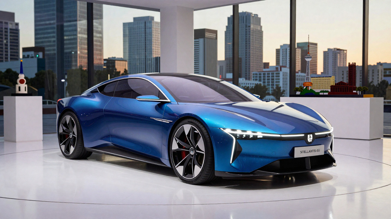 Carro desportivo elétrico azul estacionado em exposição com vista urbana ao fundo.