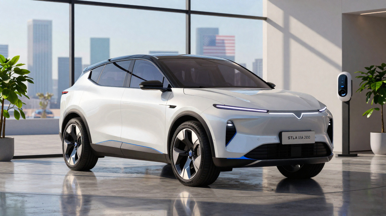 Carro elétrico branco estacionado junto a carregador numa garagem moderna com janelas grandes e planta decorativa.