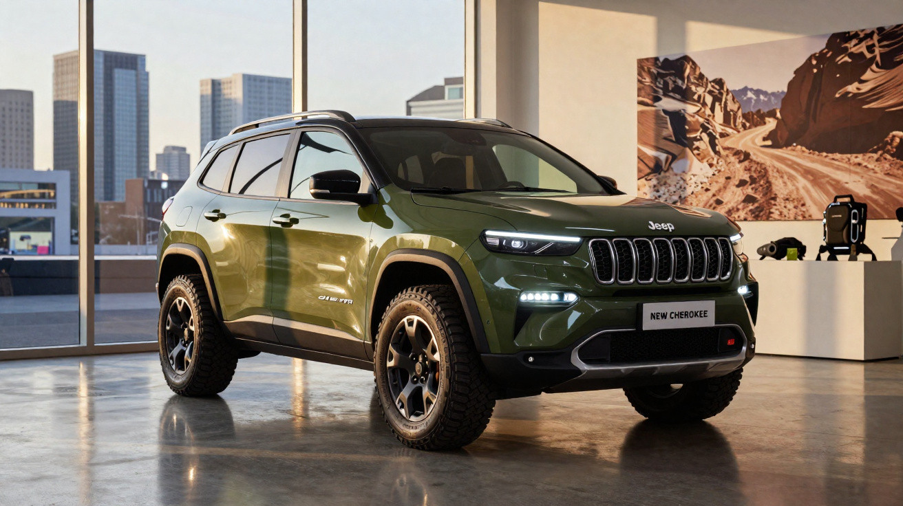 Jeep New Cherokee verde estacionado em interior moderno com janelas grandes e vista para cidade.