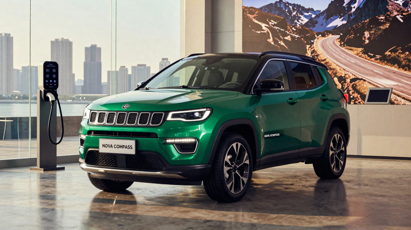 Carro SUV verde Jeep Nova Compass estacionado interiormente junto a estação de carregamento elétrico.