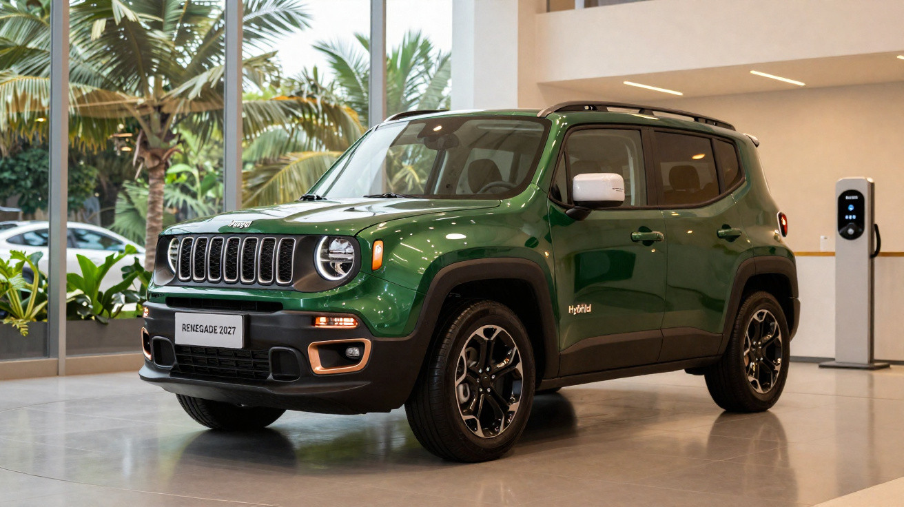 Jeep Renegade verde híbrido exposto em espaço interior moderno com janelas e vegetação exterior.