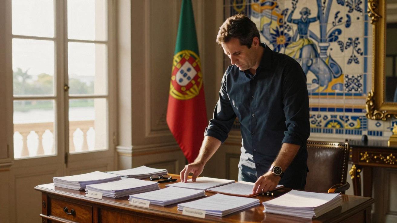Homem de pé a trabalhar em secretária com documentos, bandeira de Portugal e azulejos portugueses ao fundo.