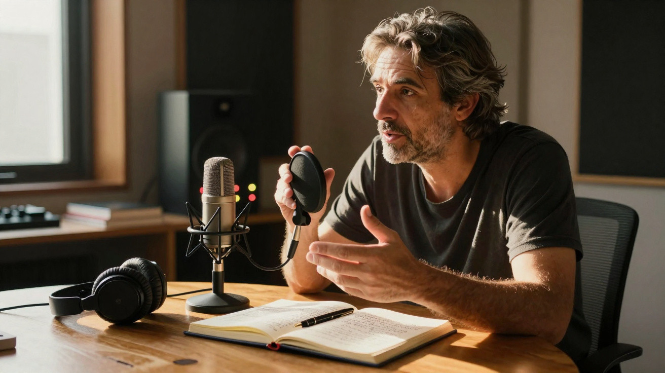 Homem adulto a falar num microfone de estúdio, com auscultadores e caderno aberto à frente numa mesa de madeira.