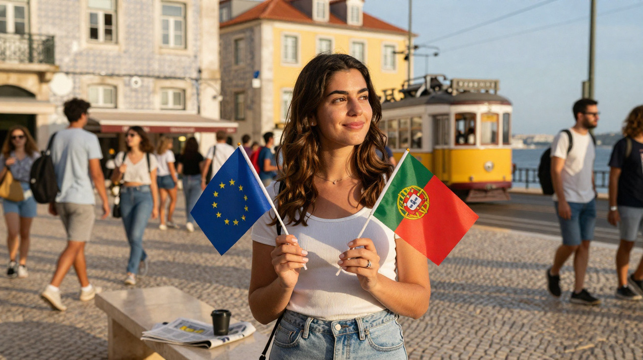 Mulher jovem segura bandeiras da União Europeia e de Portugal em rua com elétrico amarelo ao fundo.