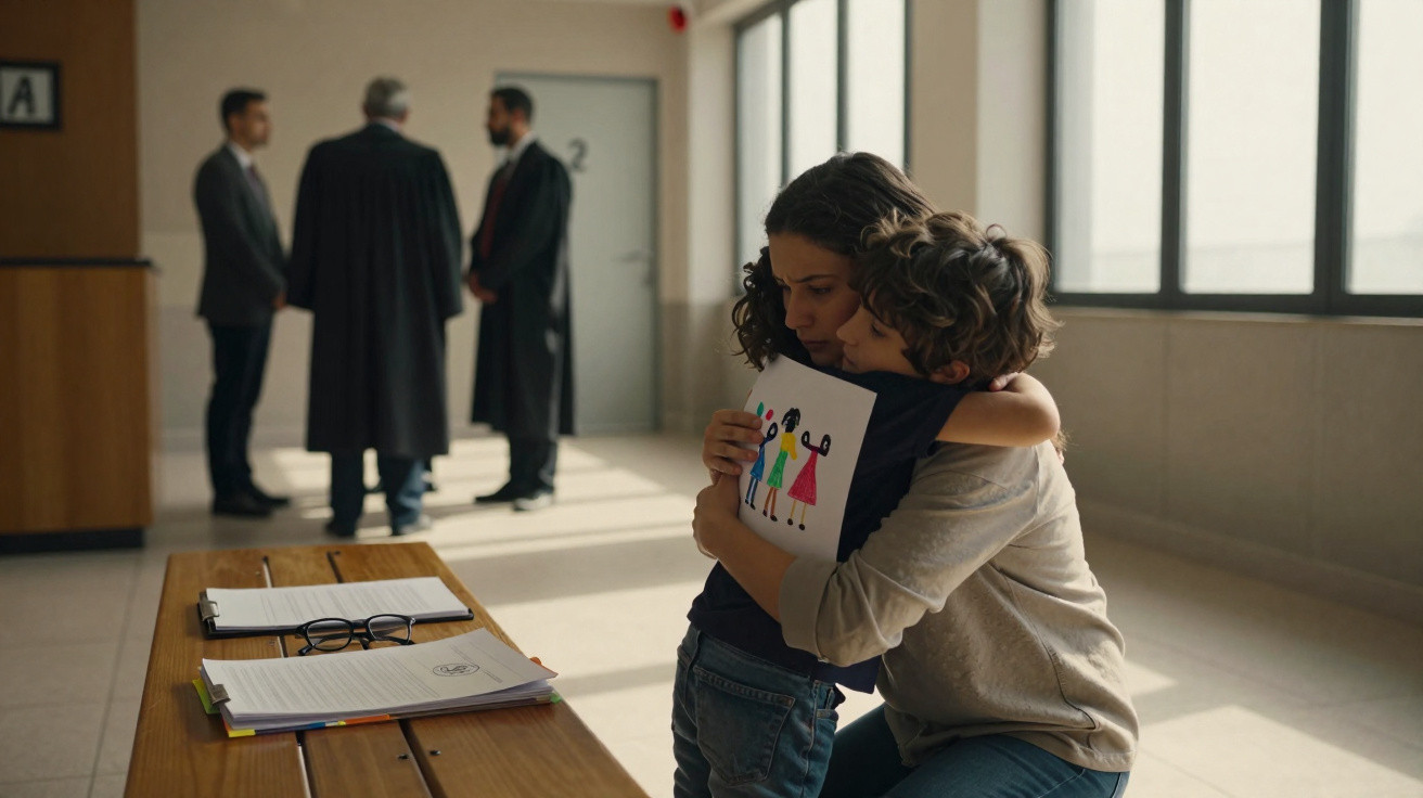 Criança abraça mulher numa sala de tribunal, com três homens a conversar ao fundo.