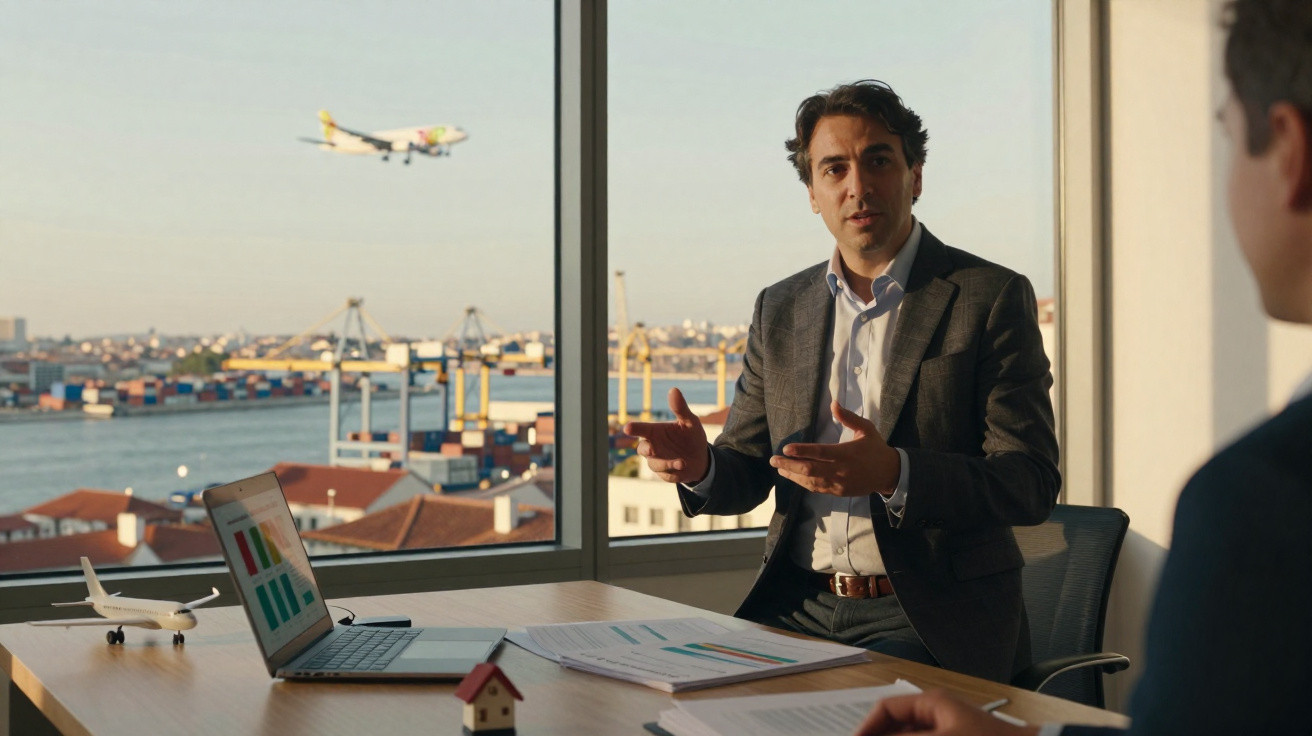 Homem de negócios a falar numa reunião com vista para porto e avião a voar pela janela.