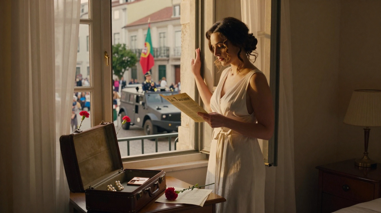 Mulher de vestido branco lê carta junto a janela com vista para viatura militar e bandeira de Portugal.