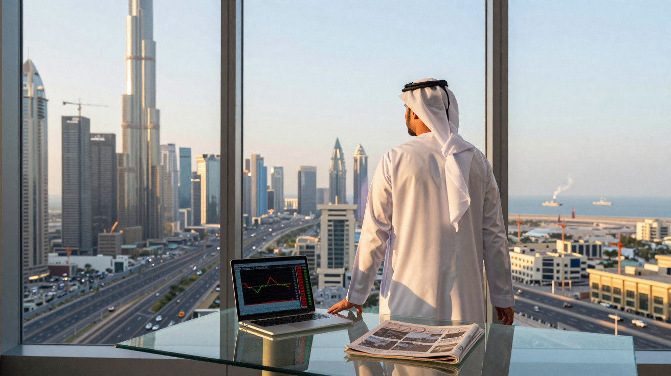 Homem árabe a olhar pela janela de um escritório com vista para arranha-céus e estrada movimentada em Dubai.