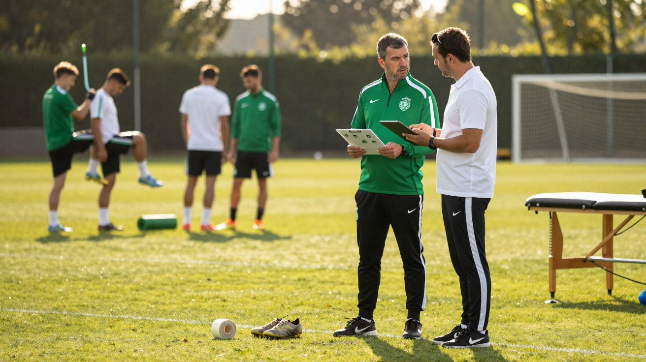 Dois treinadores conversam com tablets num campo de futebol enquanto jogadores treinam ao fundo.
