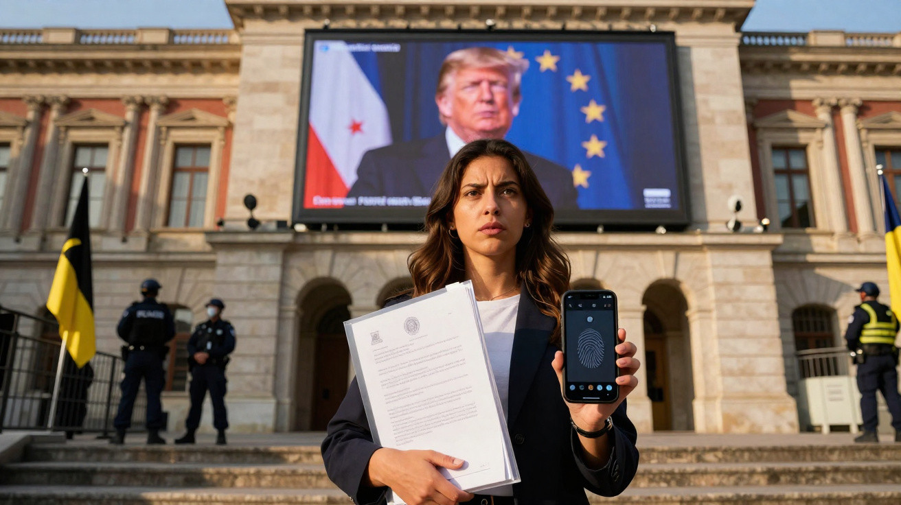 Mulher segura documentos e telefone com impressão digital, polícia e ecrã gigante com Trump à frente de edifício oficial.