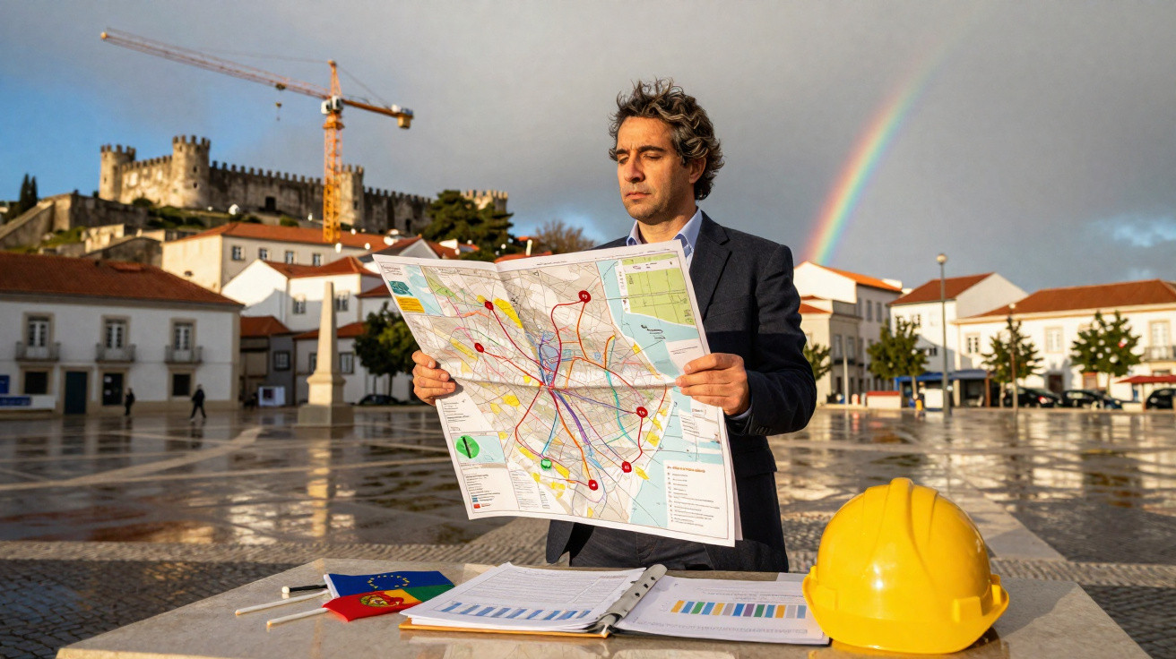 Homem a consultar mapa urbano numa praça com capacete amarelo e arco-íris ao fundo em dia chuvoso.