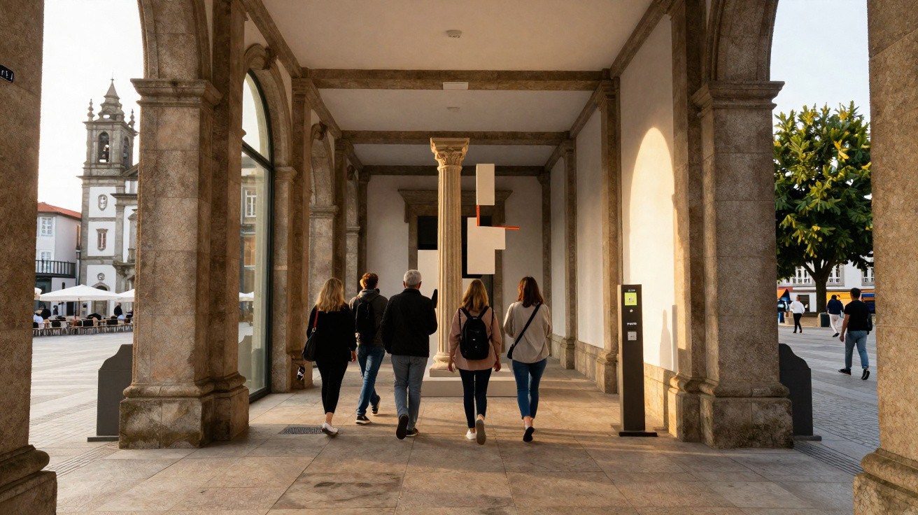 Cinco pessoas a caminhar num corredor com arcadas e colunas de pedra ao entardecer numa praça histórica.
