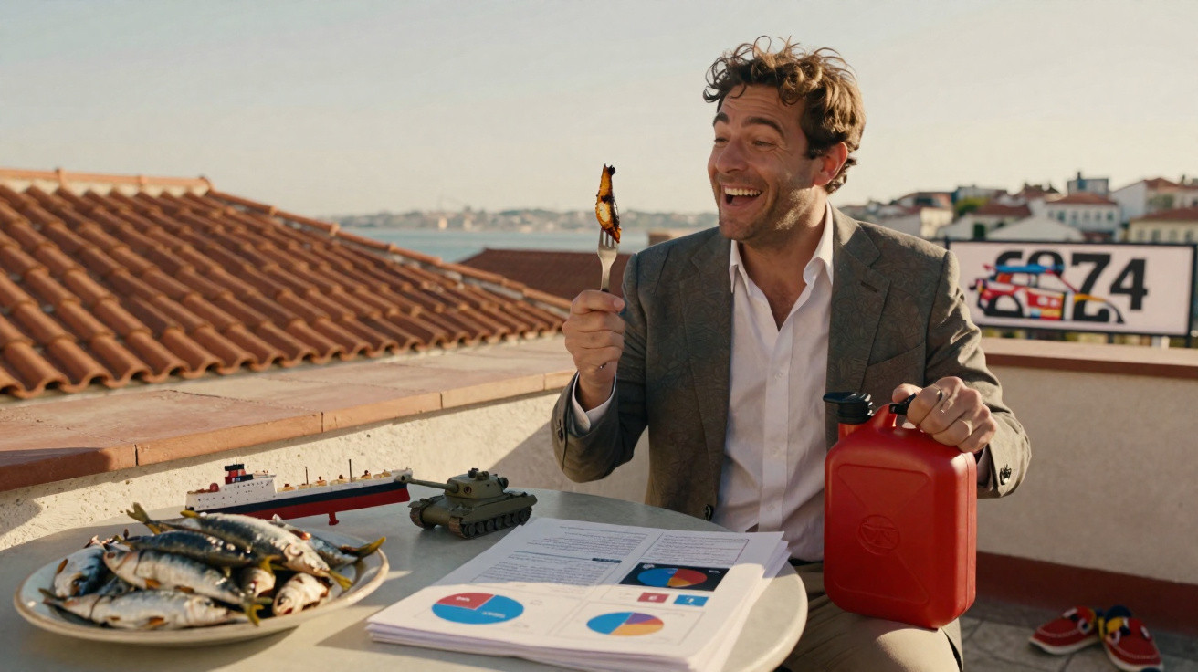 Homem sorridente com fato sentado numa varanda com peixe, documentos, tanque em miniatura e bidão vermelho.