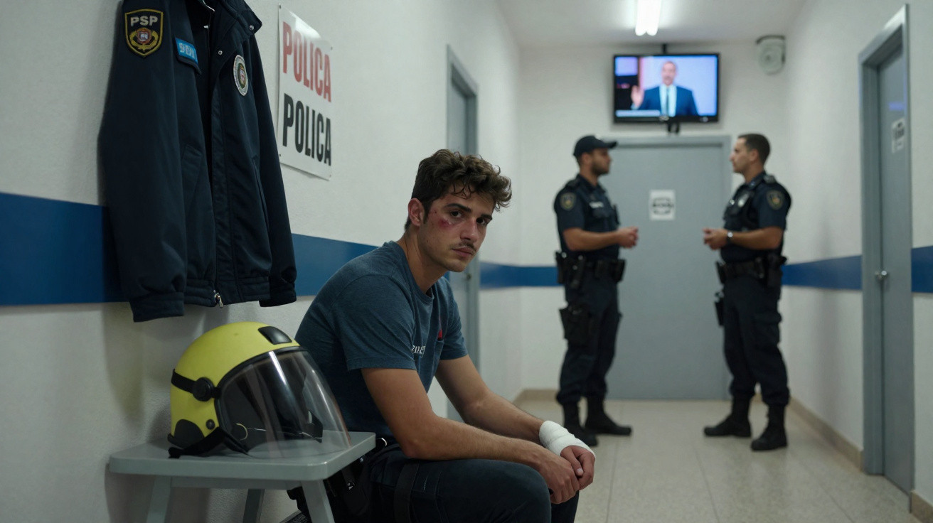 Jovem com ferimentos sentado numa esquadra, com dois polícias em segundo plano e equipamentos pendurados na parede.