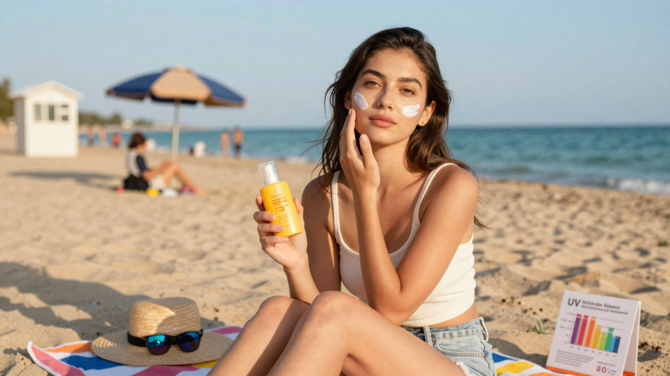 Mulher sentada numa toalha de praia a aplicar protetor solar no rosto junto ao mar ao pôr do sol.