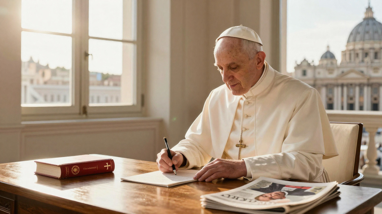 Homem vestido de papa sentado a escrever numa folha num escritório ensolarado com jornal e livro religioso na mesa.
