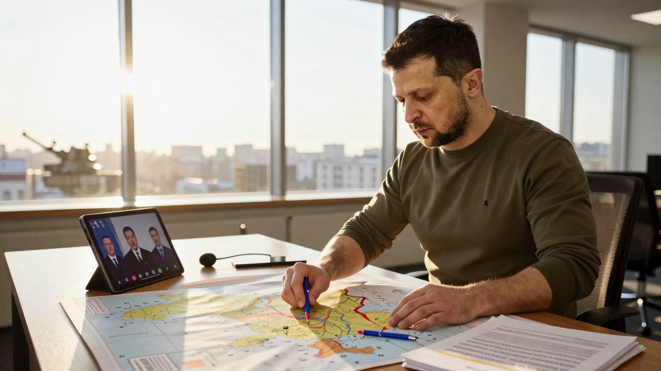 Homem a trabalhar num mapa colorido numa mesa enquanto participa numa videochamada num tablet.