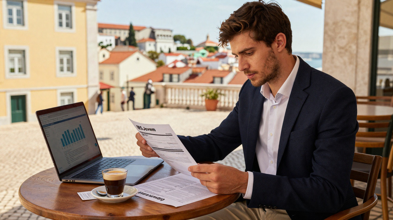 Homem vestido formalmente lê documentos sentado numa esplanada com computador e café numa mesa redonda.