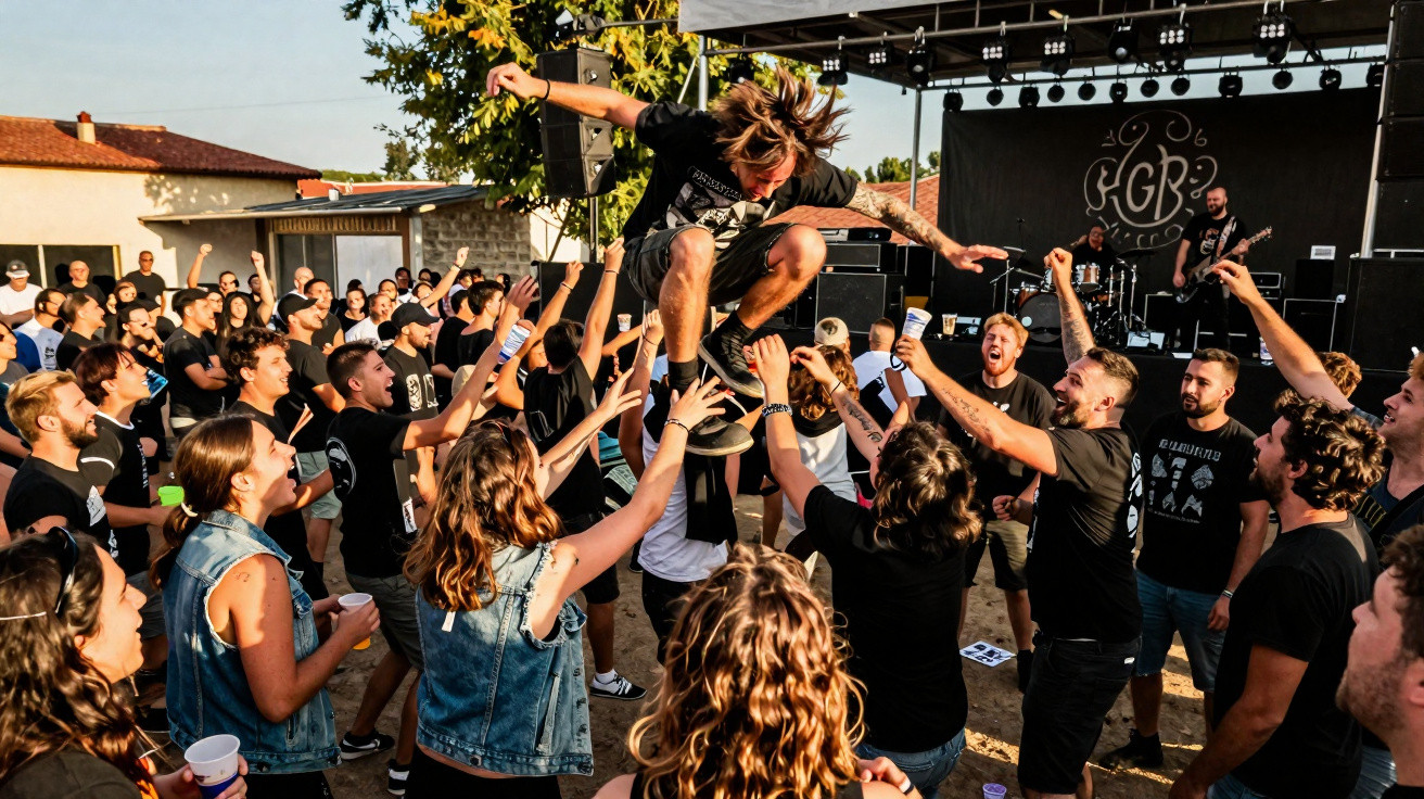 Pessoas a assistir a concerto ao ar livre com homem a saltar para a multidão durante momento animado e ensolarado.