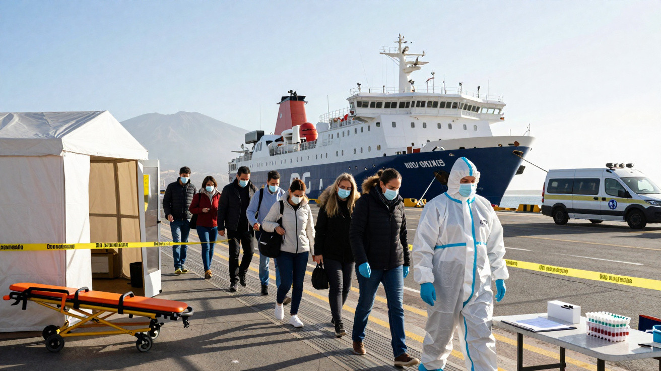 Pessoas com máscara em fila de saída de ferry, acompanhadas por profissional com fato de proteção e luvas azuis.